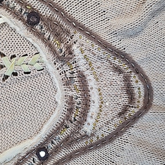 Free People Tan Knit Sequined Beaded Embellished Lace Up Ruffle Back Tunic Tank - Picture 16 of 16